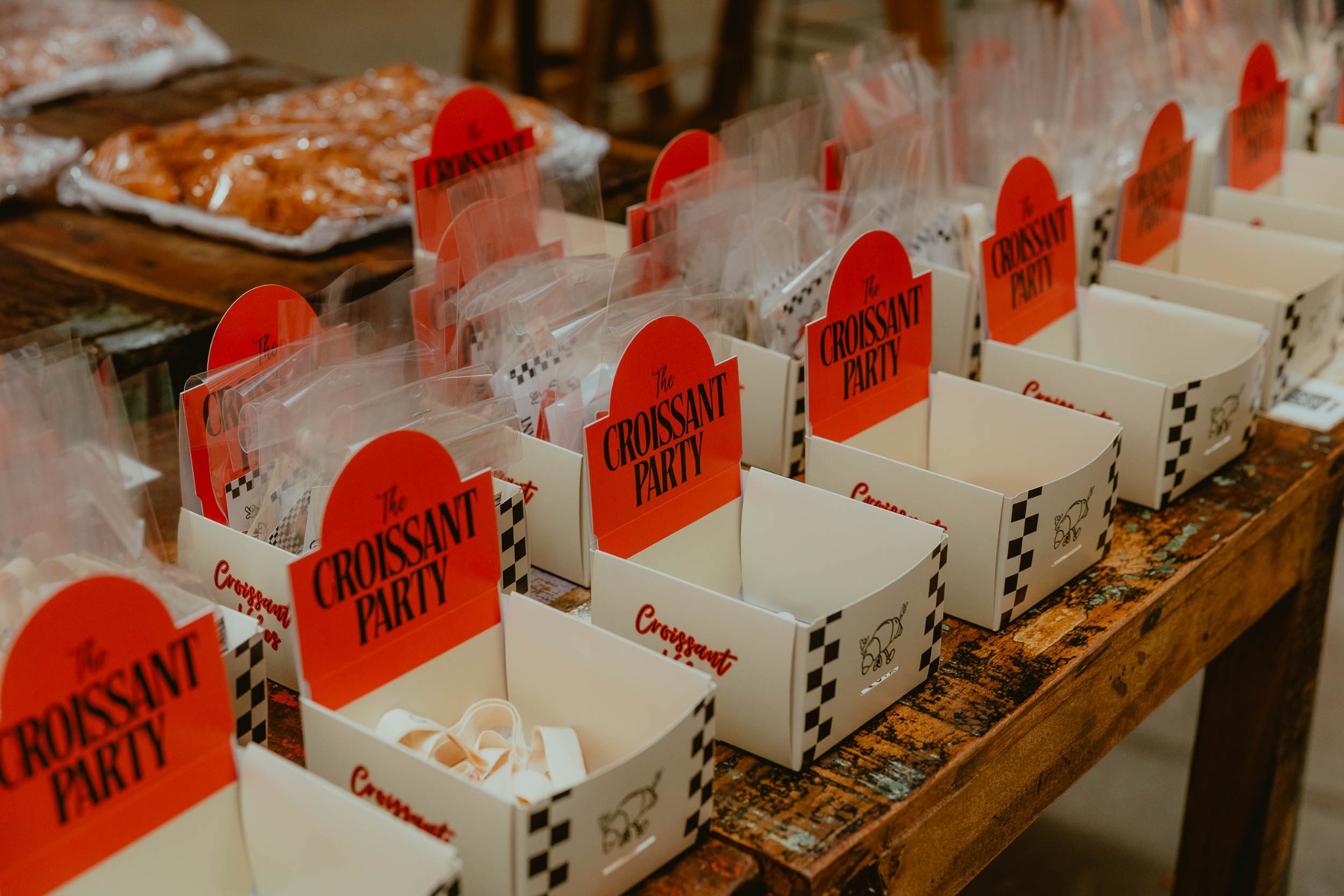 Packaging personalizado de The Croissant Party preparado para los asistentes